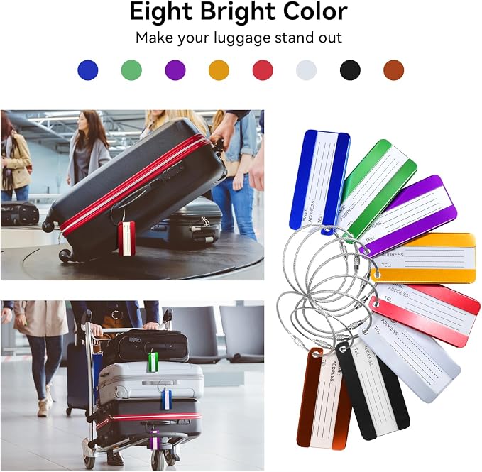 8 Pack Aluminium Metal Travel Luggage Tags Suitcase Card Holder Baggage Name Address ID Bag Label with Key Ring - Image 3