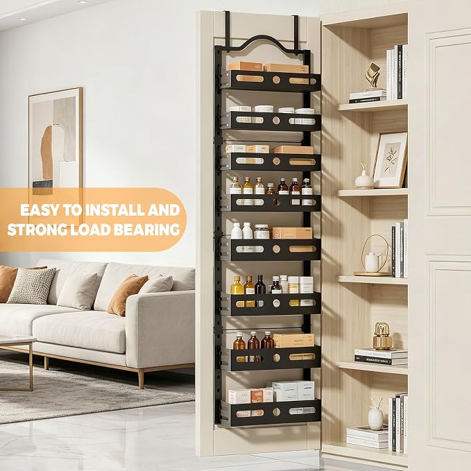 8-Tier Pantry Door Organizer, 2 IN 1 Wall Mount or Over The Door Pantry Organizer, Door Spice Rack with Adjustable Baskets, Over Door Organizer for Kitchen (12.4"W x 5.5"D x 66.1"H,1 Pack, Black) - Image 8