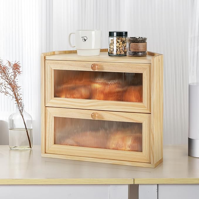 Sunhoo Bread Box for Kitchen Countertop Corner Large Wooden Bread Bin 2 Tier Rustic Food Storage Container with Acrylic Window Farmhouse Keeper Shelf Organizer for Loaves Pastries & Snacks (Yellow) - Image 7