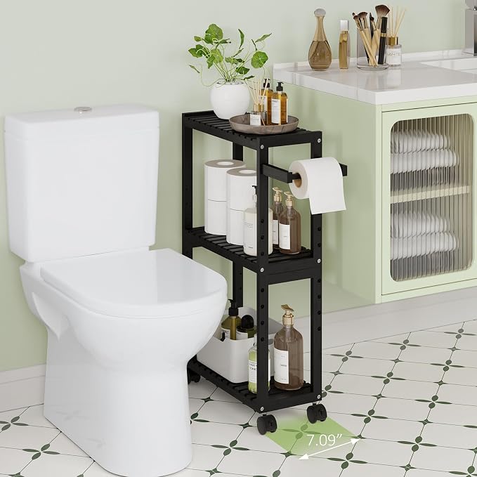 RRX Bamboo Rolling Cart,Slim 3-Tier Standing Shelf Units on Wheels (Black) | Bamboo Shelves Utility, Storage Corner Shelf Cabinet for Narrow Space, Toilet Paper Organizer for Bathroom, Kitchen - Image 2