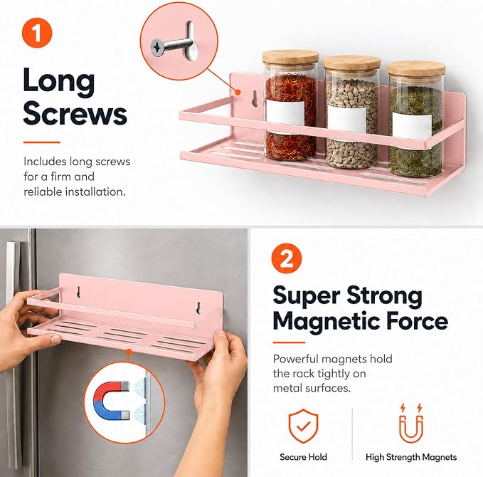 SMRCAD 4 Pack Metal Magnetic Spice Rack for Fridge – Heavy-Duty | Iron Construction, Rust-Resistant, Dust-Resistant, Fits Condiment Bottles, Includes Screws for Optional Wall Mount - Image 3