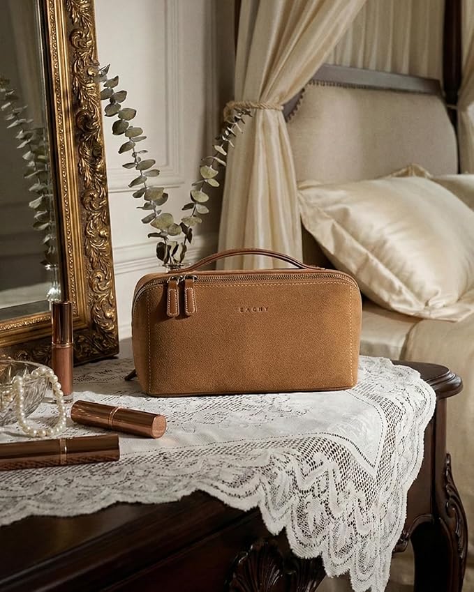 EACHY Travel Makeup Bag for Women, Faux Suede Cosmetic Bag, Brown, Medium | Faux suede organizer with flat-open access, clear TPU brush pocket and carry handle for daily makeup, toiletries and travel - Image 6