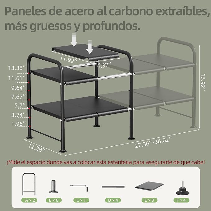 Under Sink Organizers and Storage,Expandable under cabinet organizer Shelf | 2 tier expandable shelf for kitchen and bathroom,8 Removable Carbon Steel Panels,27.36-36.02" W x 12.28" D x 16.93" H - Image 3
