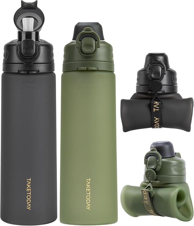TakeToday Collapsible Water Bottles 21oz (600mL), Foldable Platinum Silicone Travel Water Bottle with Straw & Carry Strap, Leak-Resistant Screw Lid, Wide Mouth, BPA-Free for Hiking, Camping, Travel by TAKETODAY