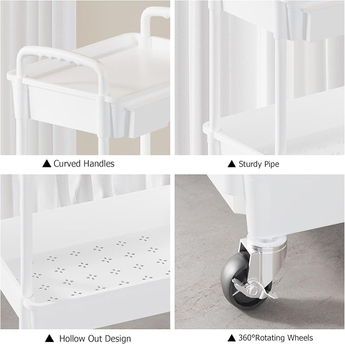 3 Tier Rolling Utility Cart with Drawer, Plastic Storage Organizer Rolling Carts with Wheels Handles Hanging Cups Hooks for Office, Bathroom, Kitchen,Craft Art Room (White) - Image 5