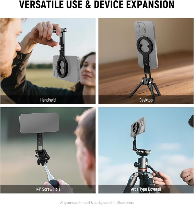 NEEWER Magnetic Phone Tripod Holder Stand, Metal Cell Phone Mount Grip with 1/4" Threads, Cold Shoe & Arca Type, Compatible with MagSafe iPhone Samsung Huawei Android for Video Recording, PA098 - Image 5