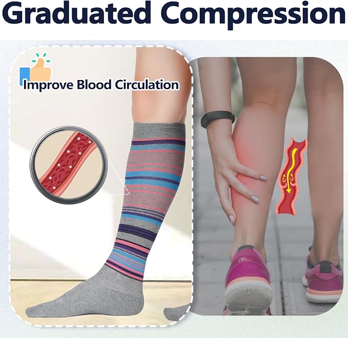 +MD Cotton Compression Socks for Women & Men 4/6 Pairs 15-20mmHg Knee High for Sports, Travel, Nursing Long Sitting Standing - Image 3