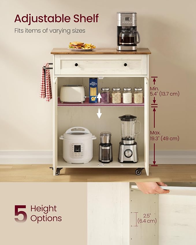 VASAGLE Mobile Kitchen Island with Storage Cabinet for Kitchen, Dining Room | Portable Mobile Cart on Wheels , 15.8 x 30.9 x 35.1 Inches, Rustic White and Honey Brown, SIREN Collection UKKI009WJ01S - Image 5