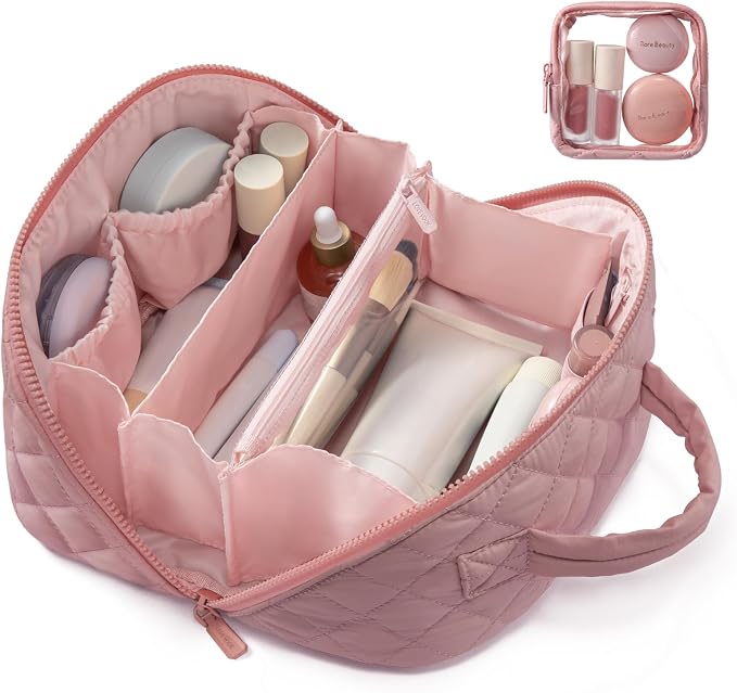 LOVEVOOK Travel Makeup Bag for Women, 2Pcs Puffer Waterproof Cosmetic Organizer, Large Capacity Pouch Open Flat Small Toiletry Bag with Brush Compartment & Handle (Red Bean Paste, Medium) by LOVEVOOK