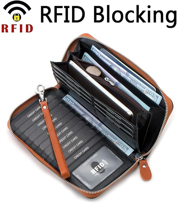 Moflycom Womens Wallet RFID Blocking Genuine Leather Multi Credit Card Large Capacity Zip Around Clutch Travel Purse Wristlet - Image 2