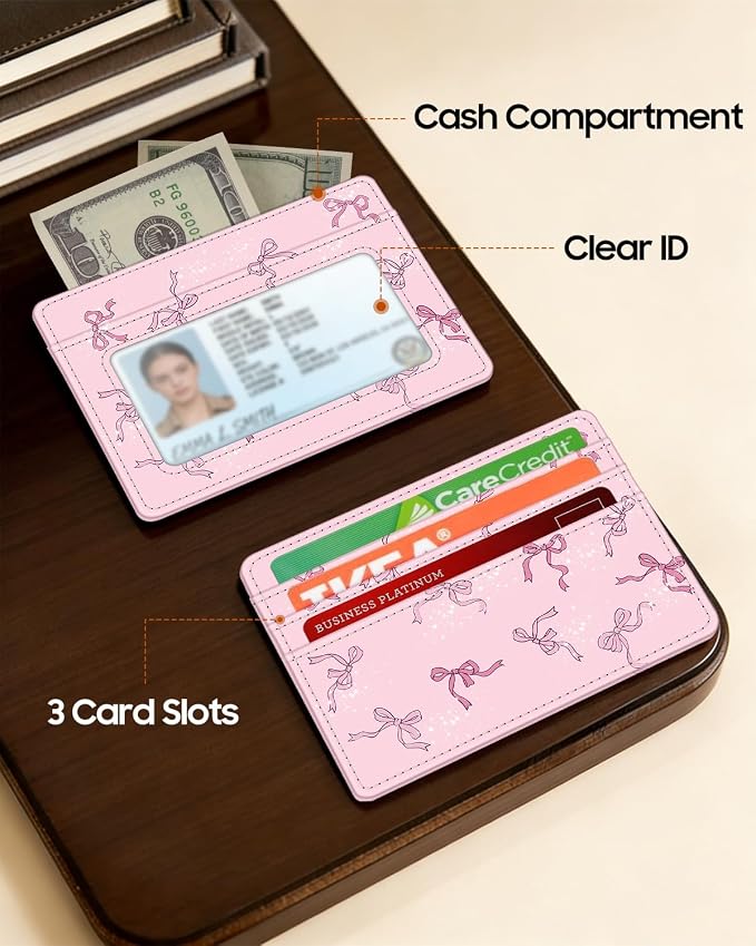 FINTIE Slim Minimalist Front Pocket Wallet RFID Blocking Credit Card Holder | Card Cases with ID Window for Men Women, pink bow - Image 4