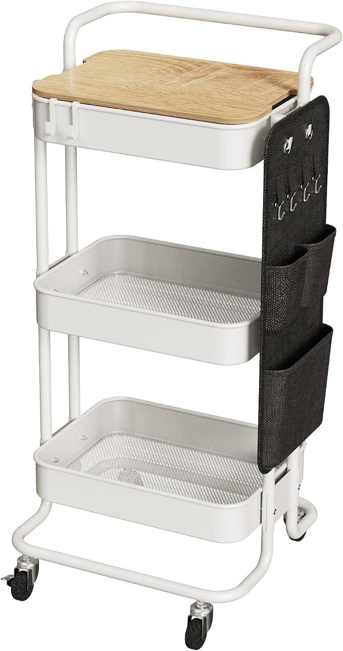 DTK 3-Tier Rolling Cart with Table Top, Metal Utility Cart with Side Bags | Tray Storage Organizer, Lockable Wheels, 4 Hooks, Art Cart for Kitchen, Bathroom, Office, Craft room, Living room, White by DTK