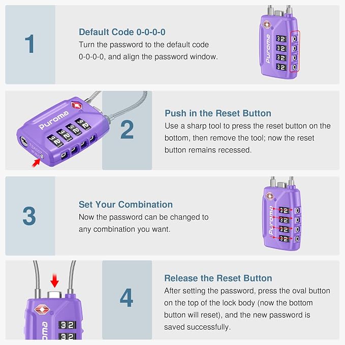 Puroma 2 TSA Approved Luggage Locks 4 Digit Code Cable Lock Basic Purple | Resettable, Flexible Cable, Zipper holes, Zinc Alloy, Bright Color, Large White Numbers, Suitcase Train Travel, laptop bag - Image 6
