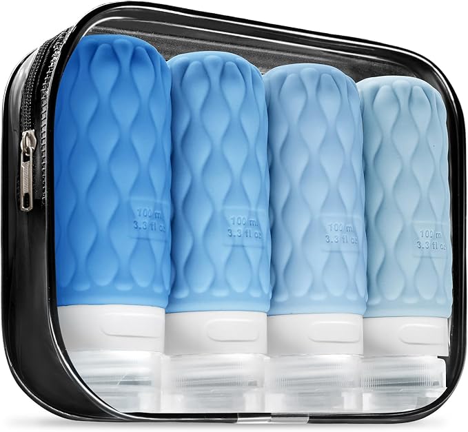 3.4oz Silicone Travel Bottles for Toiletries Refillable Liquid Accessories | for Shampoo and Conditioner, TSA Approved Leakproof Squeeze Bottles Travel-friendly with Labels/Clear Bag by Lericttor