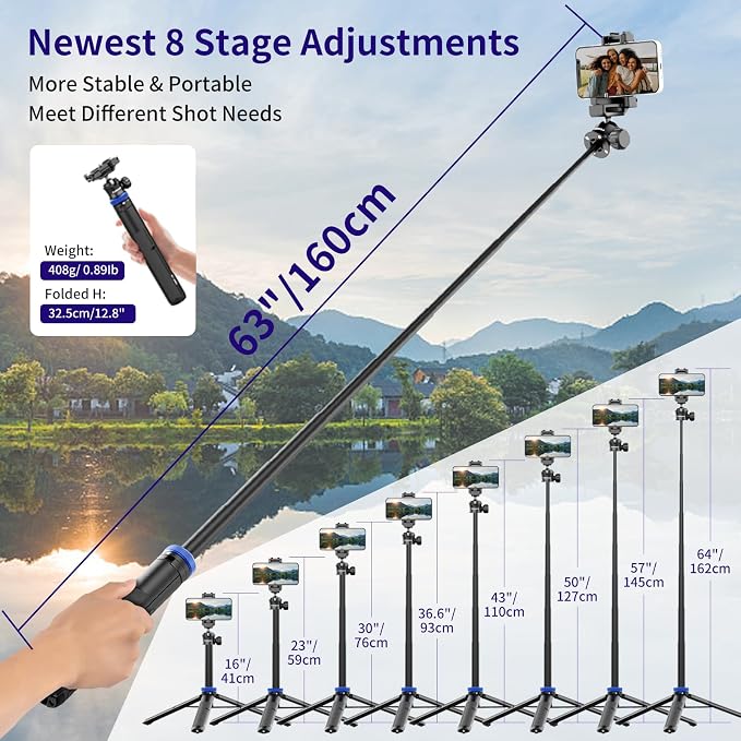 Kaitezenz Selfie Stick Tripod for Gopro Camera, 64" Extendable Stand with 360° Ball Head 1/4" Screw, Portable Lightweight Camera Tripod for GoPro Max Hero 11 10 9 8 7 6 5 DJI OSMO Action Phone - Image 5