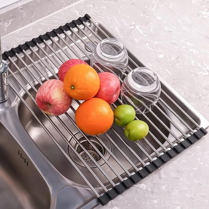 Seropy Roll Up Dish Drying Rack Over the Sink Drying Rack for Kitchen, Folding Dish Rack Over Sink Mat, Stainless Steel Dish Drainer Rack Kitchen Organizer Accessories Black 17"x11.8" - Image 2