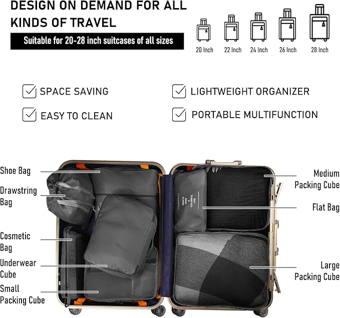 8 Pcs Bag Organizer Set – 8 Pcs Packing Cubes, Travel Cubes, Shoe Bag, Toiletry Pouches, Clothes Organizers, Waterproof Luggage & Travel Bags – Suitcase Organizer & Organizers for Travel Essentials - Image 5