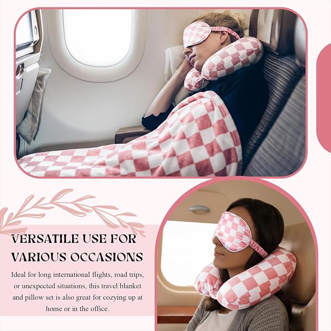 HunnmingRe 5 Pcs Travel Pillow and Blanket Set, 5 in 1 Travel Airplane Compact Includes 40 x 60 Inch Throw Blanket Eye Mask Neck Pillow Earplug and Bag Gifts for Travelers Women(Checkered,Pink) - Image 8