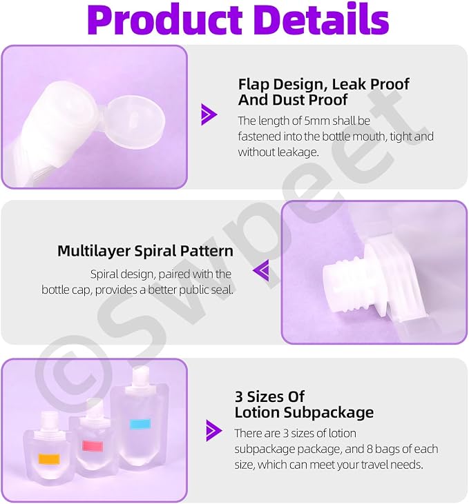 Swpeet 24 Pack 3 Sizes 30ML 50ML 100ML Travel Pouches with Label Paper Assortment Kit, Empty Squeeze Pouches TSA Approved Stand Up Pouch for Toiletry, Portable Travel Fluid Makeup Packing Bag - Image 3