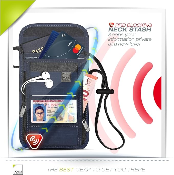 Lewis N. Clark Stash Neck Travel Wallet | RFID Blocking Passport Holder | Protect Personal Information | Navy - Image 3