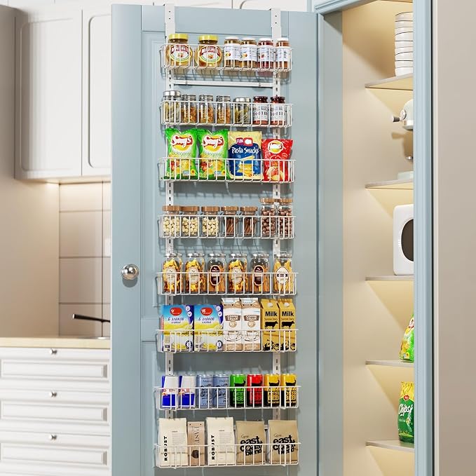 Delamu Adjustable Cabinet Door Organizer, 8-Tier Hanging Spice Rack Organizer, Metal Over the Door Pantry Organizer, Pantry Organizers and Storage Shelves for Kitchen Bathroom Laundry Room, White - Image 9