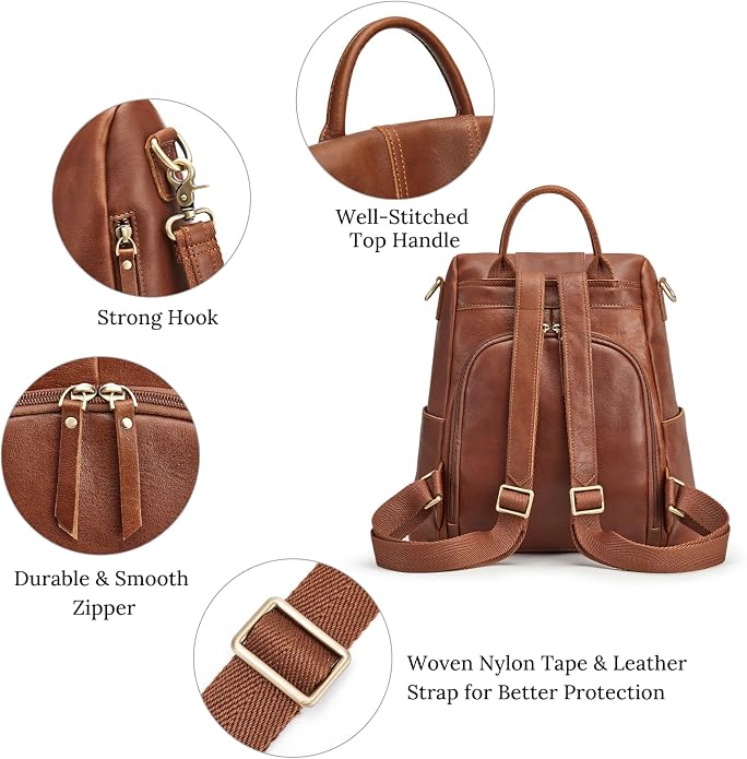 S-ZONE Leather Backpack Purses for Women Antitheft Rucksack Shoulder Bag Medium | Genuine Leather, Medium Fits 9.7-inch Tablet, for Work Travel Daily Commute, Multi Pockets, Adjustable Dual Straps - Image 6