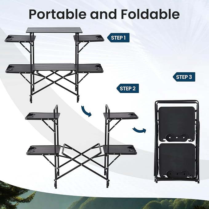 Slim-Fold Camping Kitchen Table, Metal Folding Portable Outdoor Cook Station with 4 Side Tables, 2 Storage Shelves & Carrying Bag, Heat Resistant for Picnic BBQ,Upgraded Black - Image 4