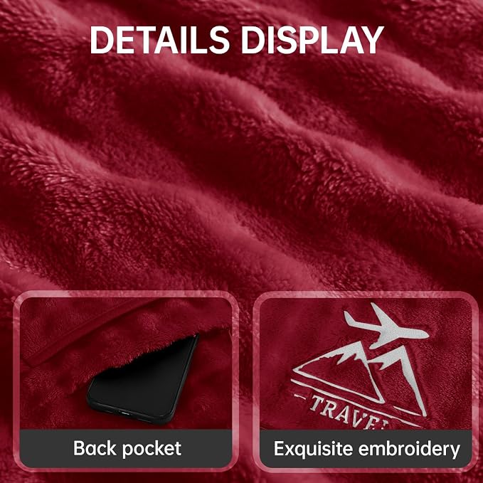Travel Blanket and Pillow-2-in-1, Ultra-Soft&Compact, One-Piece Airplane Blanket with Hand Luggage Belt and Backpack Clip,Travelers Accessories Gifts, 61x43 Inches（Burgundy） - Image 7