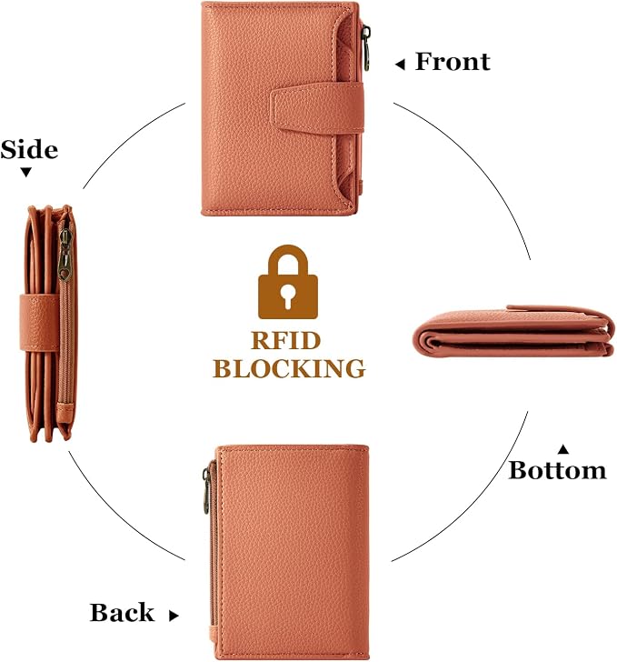 Small Wallet Women RFID Blocking Soft Leather Bifold Compact Card Holder Wallet for Women with Zipper Coin Pocket 4 ID Window - Image 4