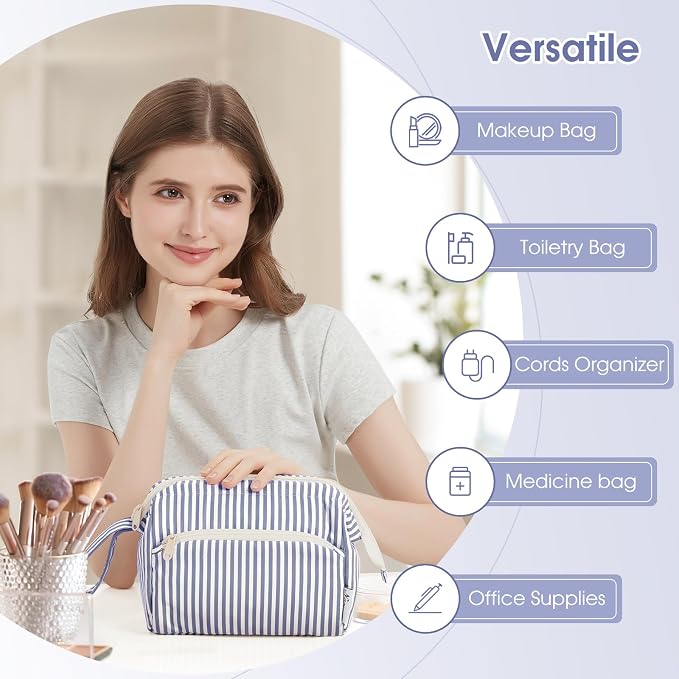 Narwey Striped Wide Open Makeup Bag Women, Travel Toiletry Bag for Women Cosmetic Bag Organizer Make up Bags with Compartments, Gift for Teen Girls (Greyish Blue Stripe) - Image 6