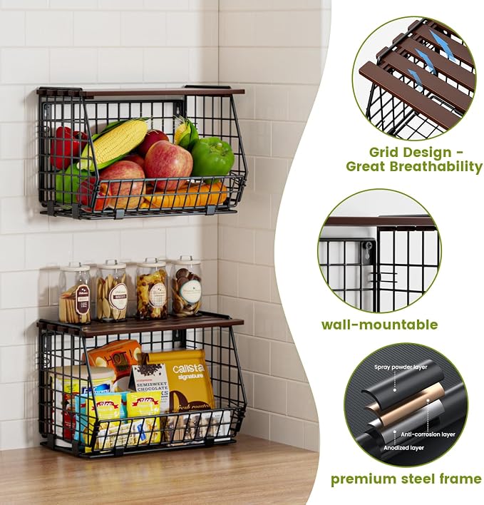 Hanging Fruit Basket for Kitchen, 3 Pack Vegetable Produce Basket | Wall Mounted & Countertop Wire Storage Basket for Potato Onion Fruits Vegetables, Pantry Organizers Storage - Image 4
