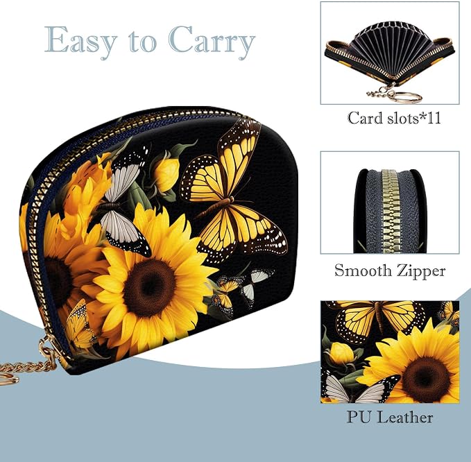 Women's Slim RFID Wallet – Compact Leather Card Holder Wallet for Women, 9 Card Slots RFID Blocking Credit Card Organizer, Small Travel Wallet - Sunflower Butterfly - Image 4