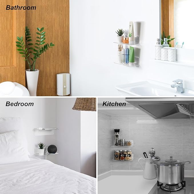 OAPRIRE Acrylic Floating Wall Shelves Clear, No Drill, 9 Inch 2 Pack | Strong Tape Adhesive Wall Shelf, Easy Installation, Hole Design with Cable Clips, Small Spaces Bedroom Bathroom Living Room - Image 3