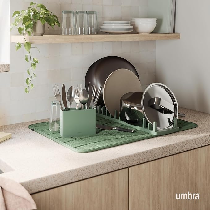 Umbra Udry Dish Drying Rack with Microfiber Mat, Foldable Drainer, Spruce | Machine washable, protects countertops, utensil holder, compact space saving design - Image 2