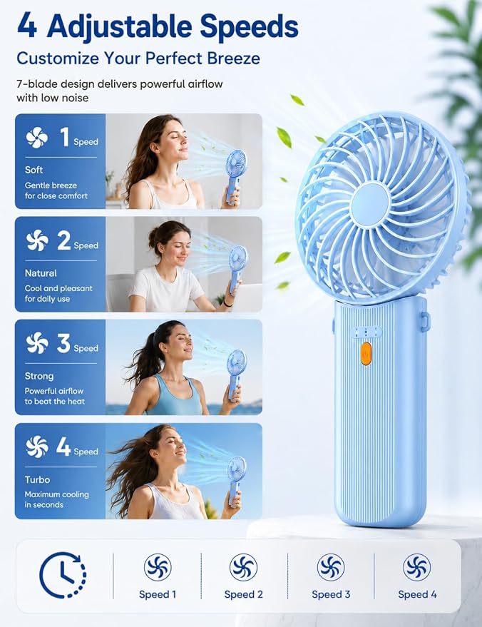 Portable Mini Fan, Quiet Foldable Fan with Lanyard | 4 Speeds, 15H Rechargeable Battery, Portable Pan for Travel, Home, Office, Outdoor, Makeup, Women, Men, Blue - Image 2