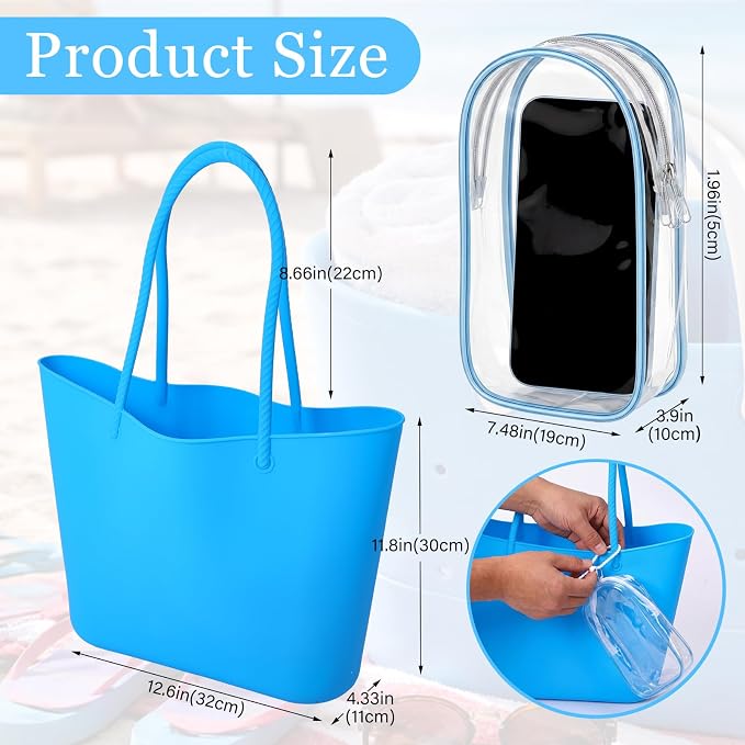 Medium Foldable Beach Tote Bag with Clear Phone Pouch 12.6" x 12"x 4.3" Washable Silicone Beach Bag for Short Trips Cruise Kayaking Picnics Camping Gym Pool Women Gift - Image 4