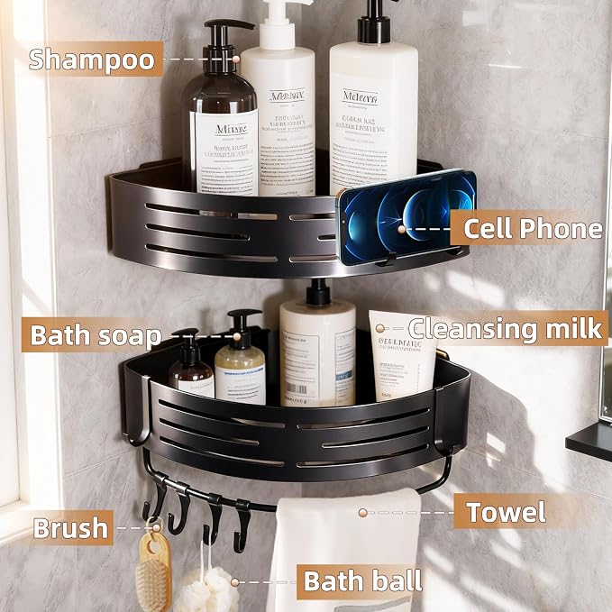 2-PackCorner Shower Caddy,Adhesive Black Caddy,No Drilling Bathroom Storage | Bathroom Organizer And Storage,No-drill adhesive corner caddy, Estantes Para Baño,shower caddy for kitchen or study - Image 2