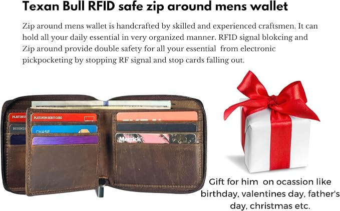 RFID Blocking Bifold Cowhide Leather Wallets For Men With Zipper Security | Safe Metal Zip Chain 9 Card-ID Slim Minimalist Mens Wallet (Hunter Brown) - Image 5