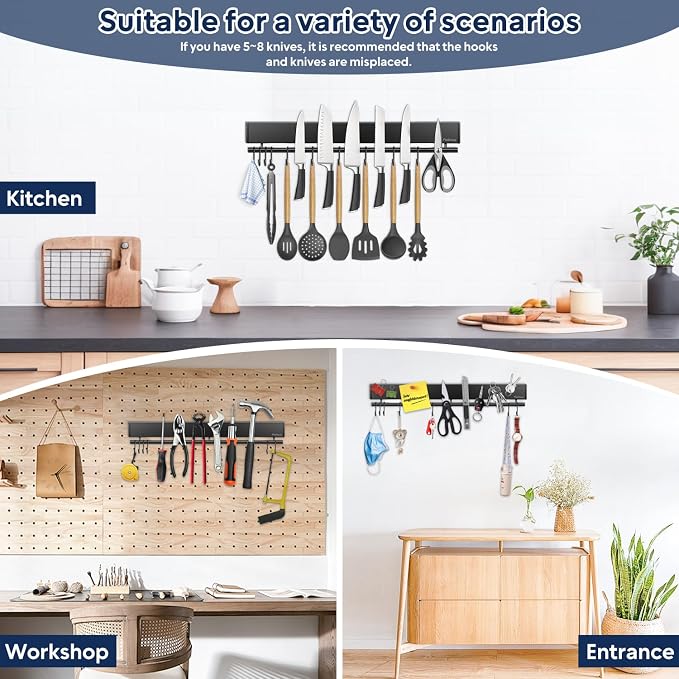 17 inch magnetic knife holder with 10 hooks, No Drilling black knife magnetic strip and utensil hanger for wall, Powerful knife magnet rack include tape and screws - Image 7
