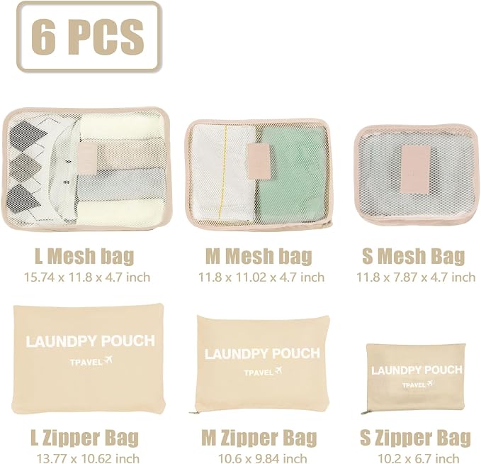 6 Set Packing Cubes for Travel Luggage Packing Bags Reusable Lightweight Suitcase Organizer Cubes Set for Travel Accessories (Beige‌) - Image 2