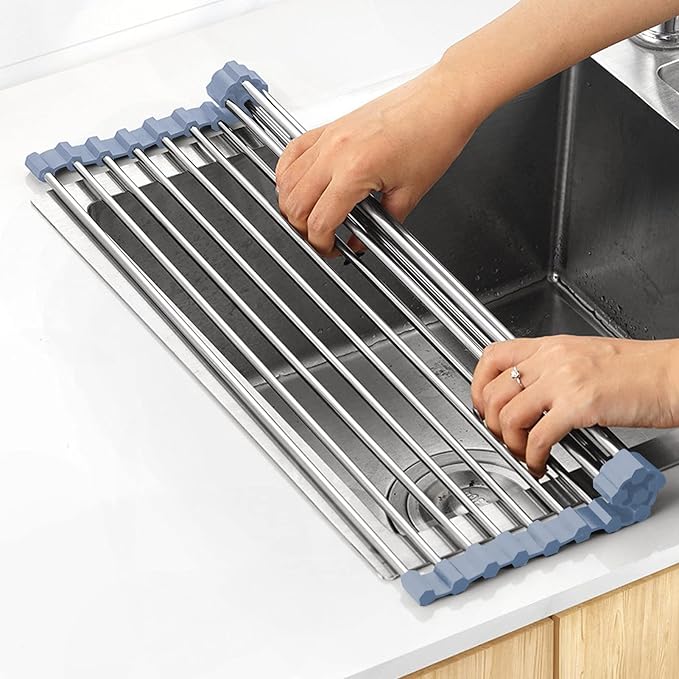 Over The Sink Dish Drying Rack, Roll Up Dish Drying Rack Kitchen Dishes Rack Stainless Steel Sink Drying Racks, Foldable Dishes Drainer, Gray (17.5''x15.7'') by MECHEER