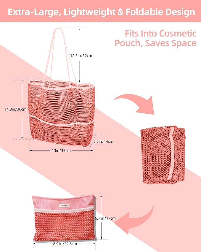 Mesh Beach Tote Bag for Women, 2-in-1 Large Lightweight Foldable Design | Packable into Matching Makeup Pouch | Multiple Pockets | Quick-Dry Sandproof Mesh | Beach, Pool, Travel, Shopping & Gym - Image 4