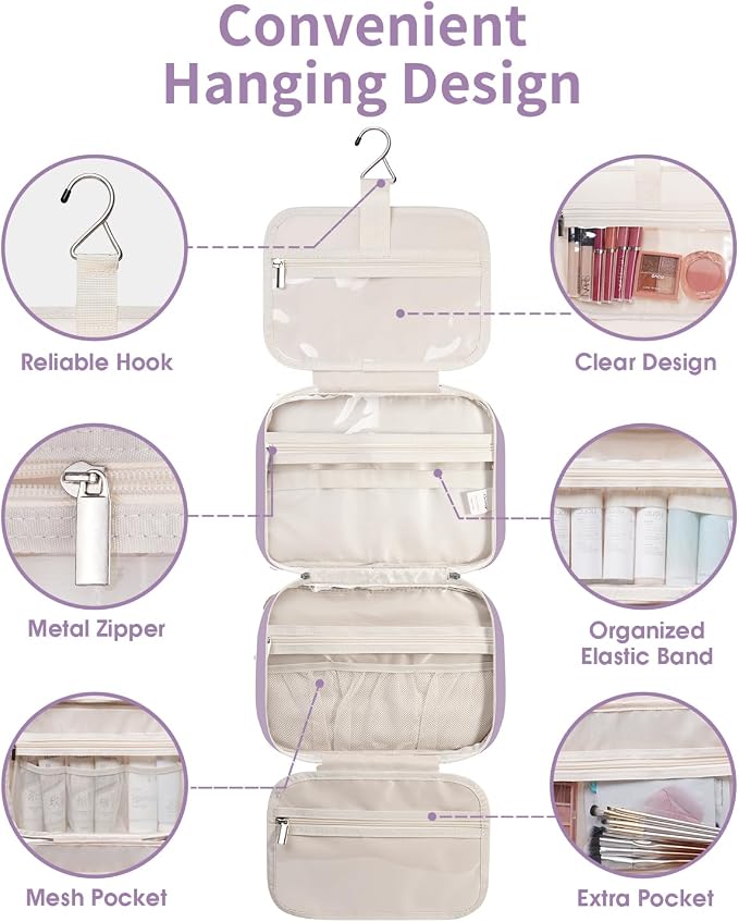 Narwey Travel Toiletry Bag for Women Large Hanging Makeup Bag Organizer Toiletries Bag for Full Size Essentials Accessories Cosmetics (Purple (Large)) - Image 7