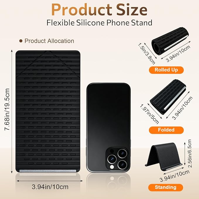 Flexible Silicone Phone Stand with Aluminum Core, Foldable Silicone Phone Holder for Cell Phones, Tablets & Small Devices, Adjustable Desktop & Airplane Phone Holder for Travel, Office & Home (Black) - Image 2