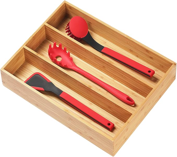 Bamboo Kitchen Utensils Organizer, 13 Inch Drawer Dividers for Silverware, Extra Deep Holder, with Non-Slip Feet, Wood Caddy for Flatware Cutlery by Umilife