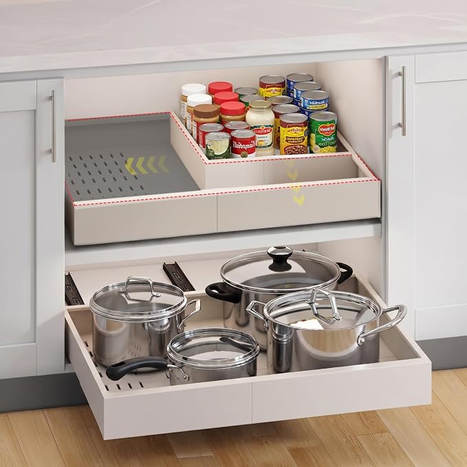 Fokyfok Pull out Cabinet Organizer,Expandable,No Drill,Heavy Duty,Kitchen | 16"-21"Wx13"-17"D,3 Rails,Pull out Drawers,Cabinet Drawers Slide out,Roll out Shelves,Pantry,Bathroom,Adhesive,Adjustable,1PC by Fokyfok