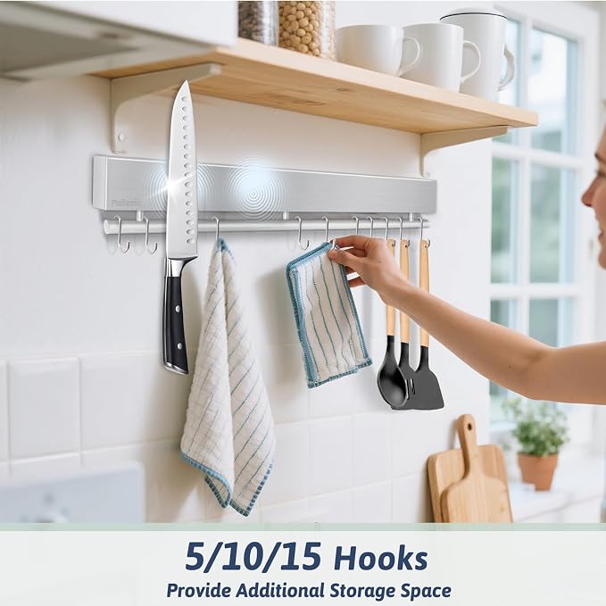 17 Inch Magnetic Knife Holder for Wall - Stainless Steel Knife Magnetic Strip No Drill with 10 Hooks/Adhesive Tape/Screws, Kitchen Utensil Holder, Magnetic Knife Organizer, Wall Mounted Knife Storage - Image 3