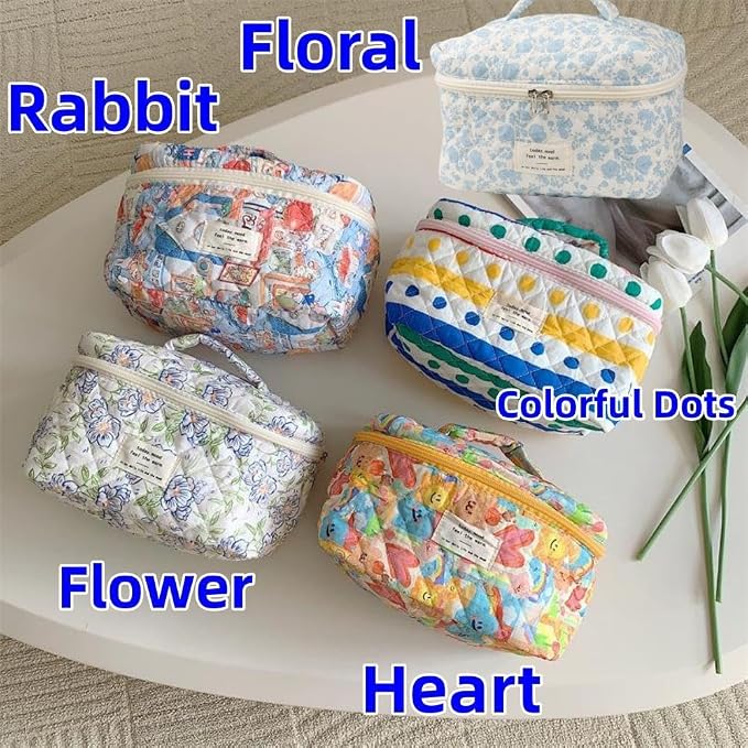 Fcteap Makeup Bag Travel Essentials Quilted Cosmetic Toiletry Pouch Organizer Insert for Women Dorm Room Essential Gift Large Capacity Opening Lightweight Cute Aesthetic Portable 2PCS (Rabbit) - Image 5