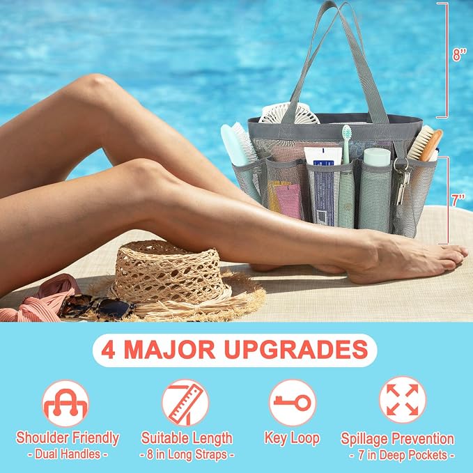 Fammart Mesh Shower Caddy Portable for College Dorm Room Essentials, Odorless Polyester Large Shower Tote Bag with Dual Handles, 8-Pocket Quick-Dry Toiletry Organizer for Travel, Beach, Camping, Gym - Image 3