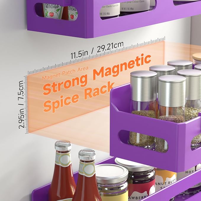 4-Pack Magnetic Spice Rack for Refrigerator with Hooks, Purple | Strong multipurpose magnetic shelf for kitchen & bathroom organization. Includes 4 removable hooks for hanging items. - Image 2